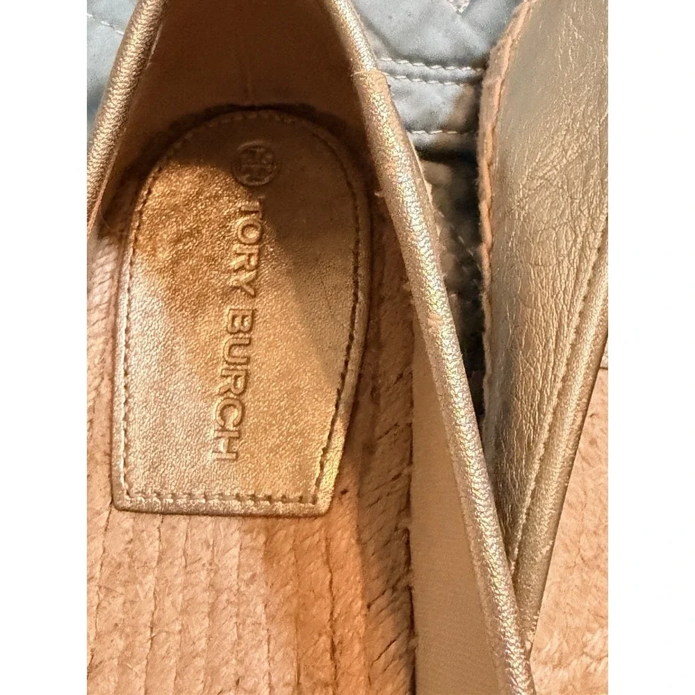 Tory Burch Eleanor Logo Espadrille Leather Flat Metallic Silver US 7.5M